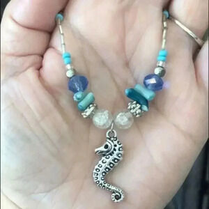 Beautiful Seed Bead Fully Beaded Blue Seahorse Stainless Steel Necklace NWT